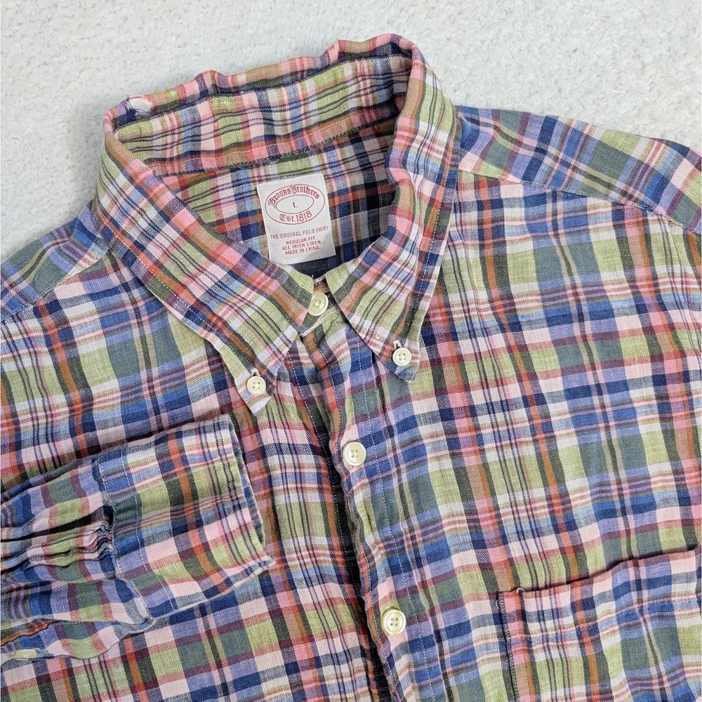 BROOKS BROTHERS MULTICOLOR PLAID LINEN LONG SLEEVE SHIRT MENS L